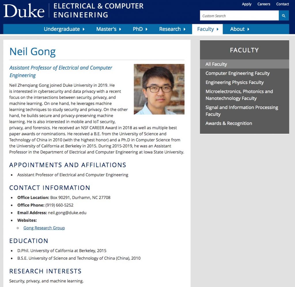A screenshot of Professor Gong's website. I always try to find out as much as possible about a faculty member's area of study so that I can suggest portrait locations and backgrounds that relate to their work.