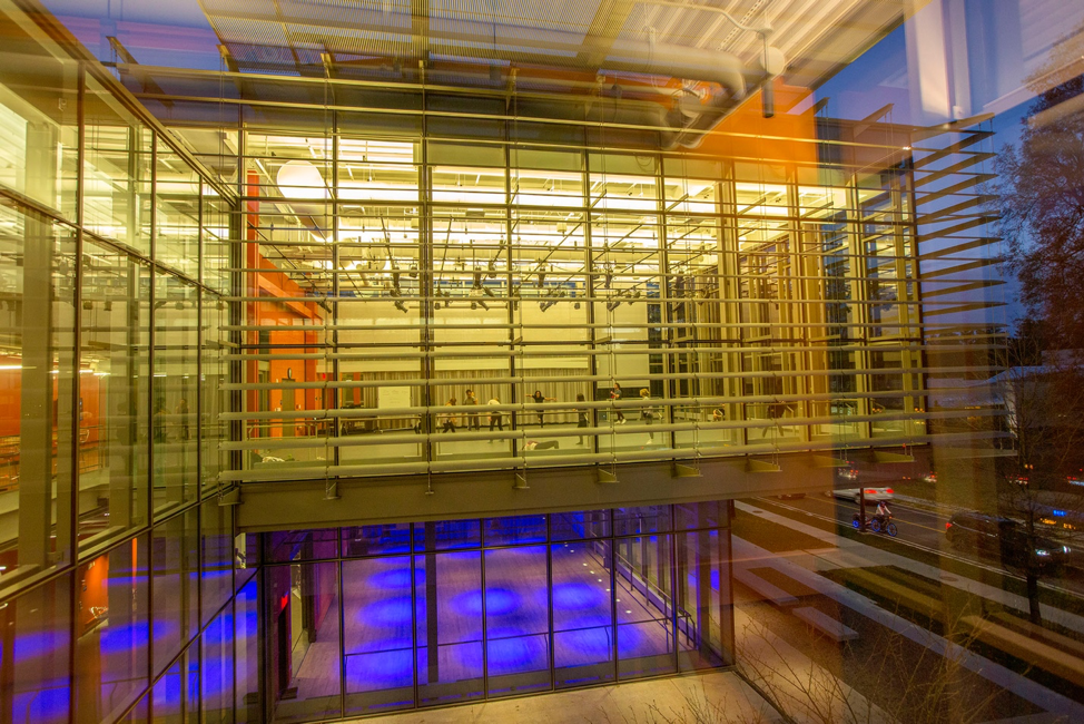 The upper level of the Rubenstein Arts Center, as seen from the lift in the building.