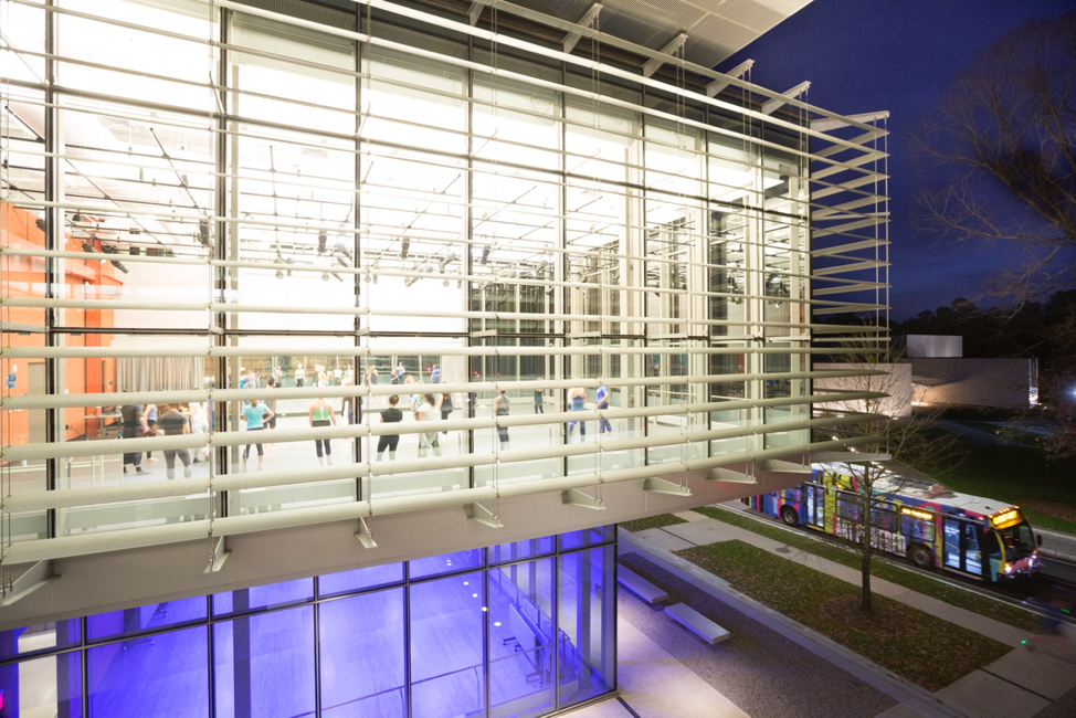 The initial photo of the upper level of the Rubenstein Arts Center, as captured on an outdoor lift.