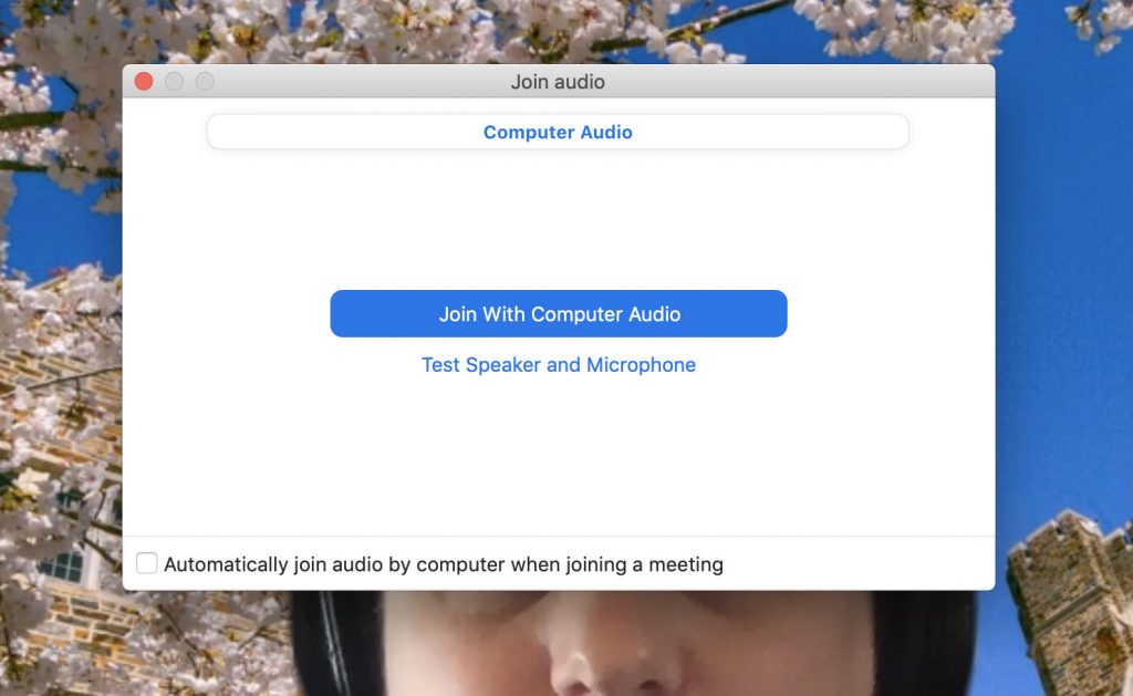 This image shows the location of the " "Join With Computer Audio" tab on zoom.