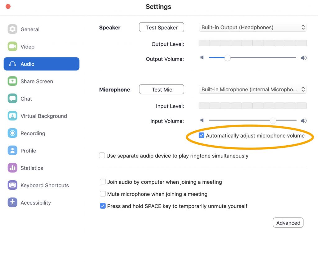 The image shows the location of the option to have zoom automatically adjust volume.