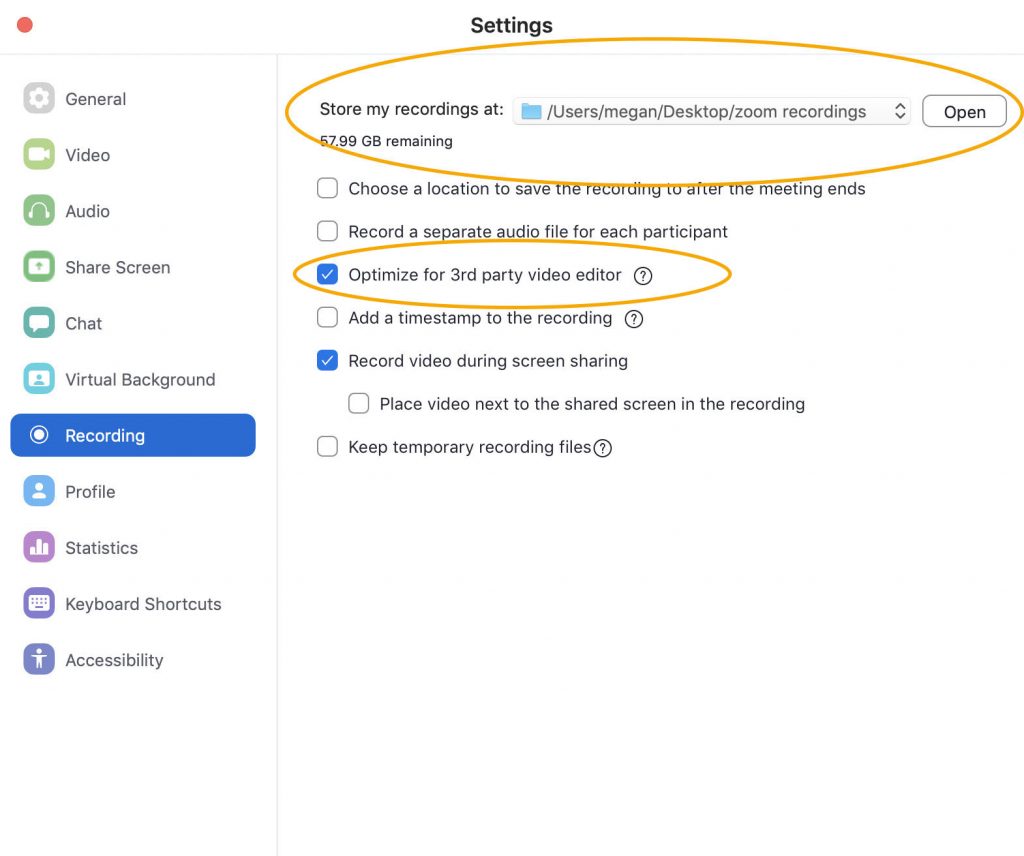 This image show the location of the option to "optimize for 3rd party video editing" on zoom.