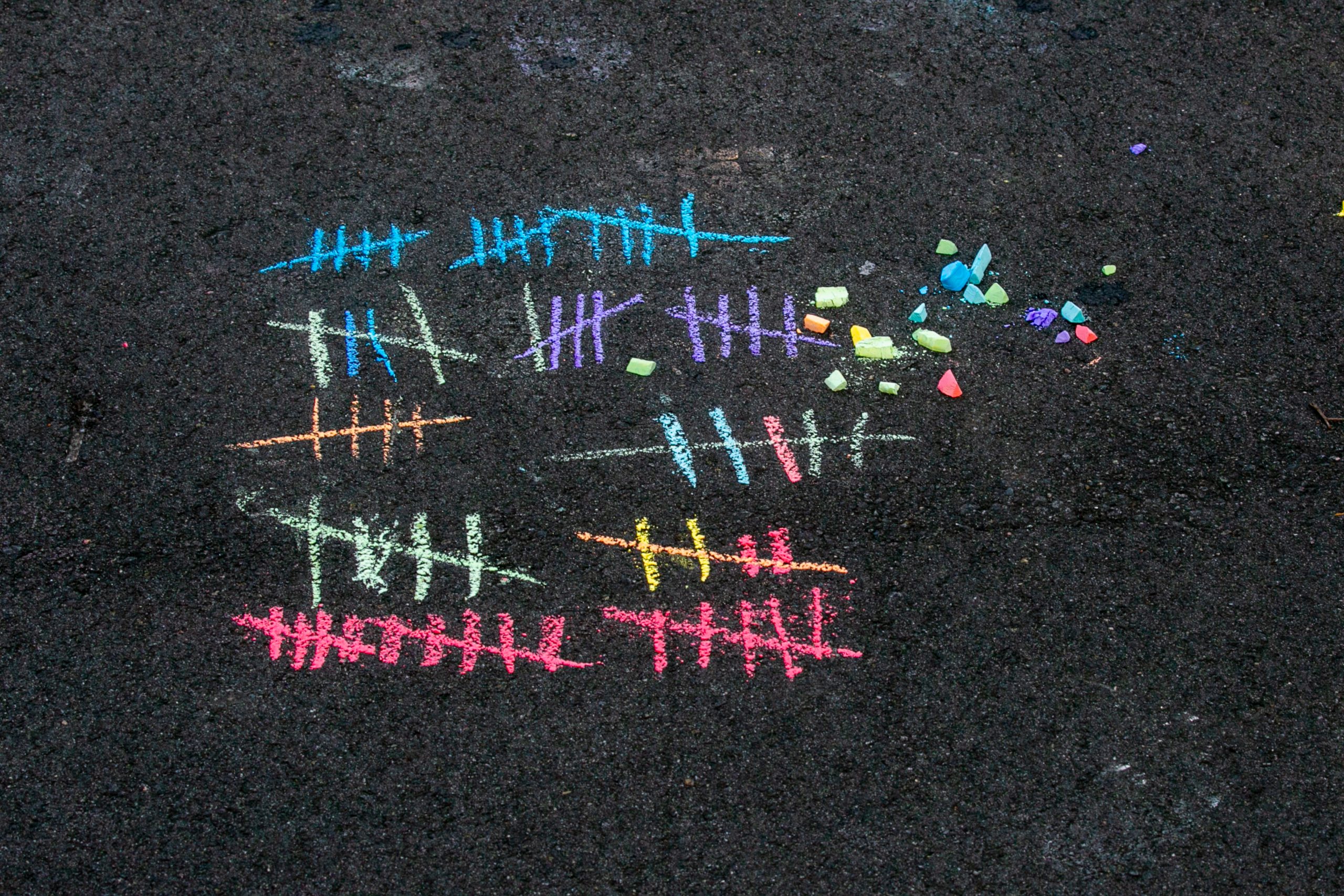 A running tally of hash marks keep track of the number of pieces of chalk we used while creating the mural.