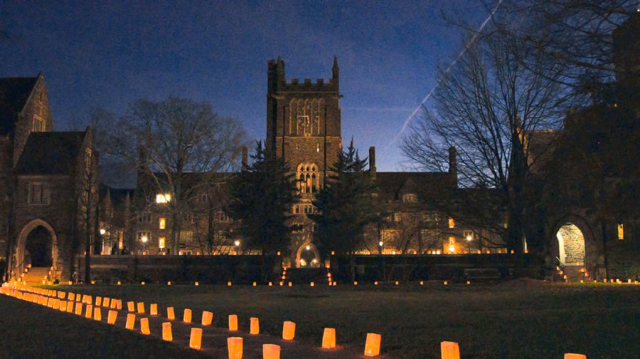 The University Communications team staged Duke's west campus's residential quads with luminaries for a hopeful holiday video message of peace and joy.
